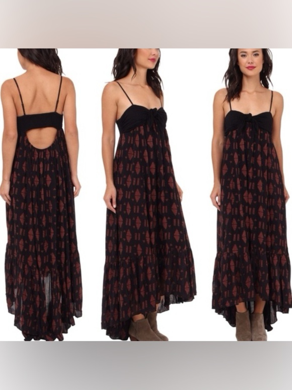 Free People Totally Tubular Dress Black Knot-Front Hi-Low Maxi Dress large NWT